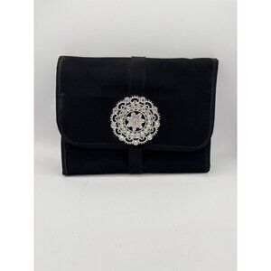 Black Satin Clutch With Silver Embellishment & Magnetic Closure